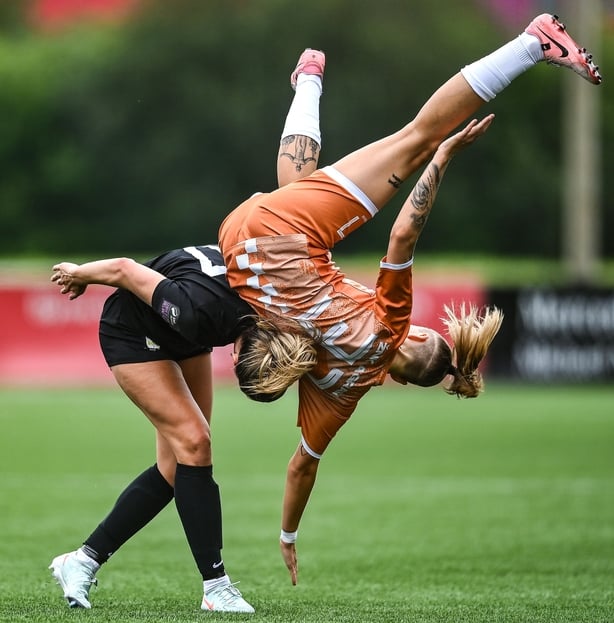 2 August 2025; Madison Gibson of Athlone Town in action against Mateja Bulut of Agram during the UEFA Women's Champions League First Qualifying Round final match between Agram and Athlone Town at Athlone Town Stadium in Westmeath. Photo by David Fitzgerald/Sportsfile