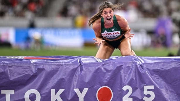 19 September 2025; Kate O'Connor of Ireland celebrates a clearance of 1.86m, a personal best, in the Women's Heptathlon High Jump event during day seven of the World Athletics Championships Tokyo 2025 at Japan National Stadium in Tokyo, Japan. Photo by Sam Barnes/Sportsfile