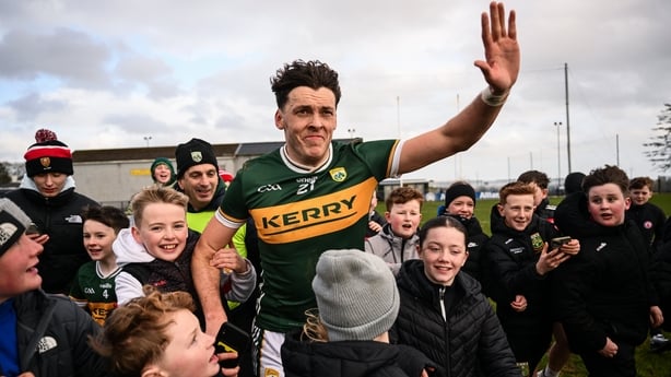 23 February 2025; David Clifford of Kerry celebrates after the Allianz Football League Division 1 match between Tyrone and Kerry at Pomeroy Plunkett's GAA Club in Pomeroy, Tyrone. Photo by Ramsey Cardy/Sportsfile