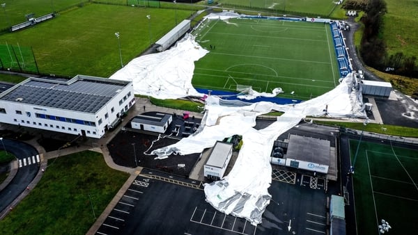 27 January 2025; A general view of the University of Galway Connacht GAA Air Dome, in Bekan, Mayo, which was destroyed during Storm Éowyn. Photo by Piaras Ó Mídheach/Sportsfile