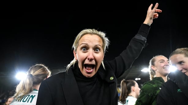 28 October 2025; Republic of Ireland head coach Carla Ward celebrates after the UEFA Women's Nations League A/B promotion/relegation play-off second leg match between Belgium and Republic of Ireland at The King Power At Den Dreef Stadium in Leuven, Belgium. Photo by Stephen McCarthy/Sportsfile