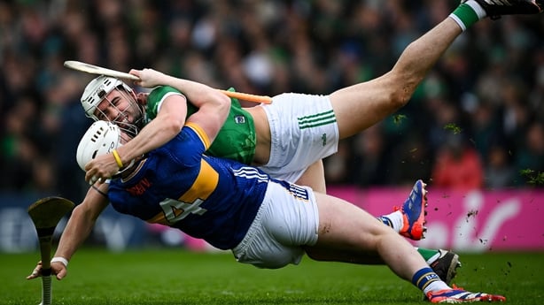 20 April 2025; Aaron Gillane of Limerick tussles with Michael Breen of Tipperary during the Munster GAA Hurling Senior Championship Round 1 match between Tipperary and Limerick at FBD Semple Stadium in Thurles, Tipperary. Photo by Seb Daly/Sportsfile