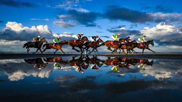 4 September 2025; Runners and riders during the Tote, Never Beaten Handicap at Laytown Strand in Laytown, Meath. Photo by David Fitzgerald/Sportsfile
