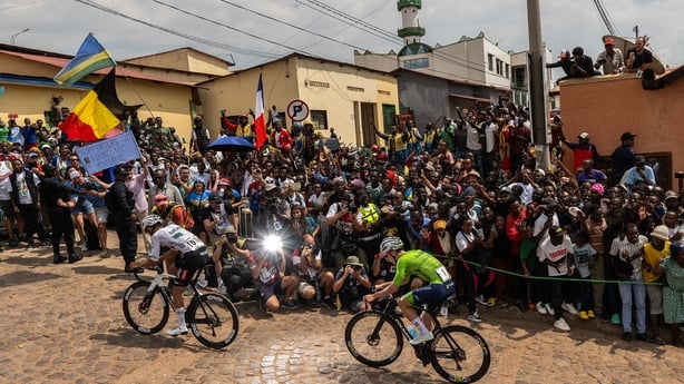 KIGALI, RWANDA - SEPTEMBER 28: (L-R) Isaac Del Toro and Team Mexico and Tadej Pogacar and Team Slovenia climb the steep cobblestone Mur de Kigali (Wall of Kigali) in the breakaway during the 98th UCI Cycling World Championships Kigali 2025, Men Elite Road Race a 267.5km race from Kigali to Kigali on