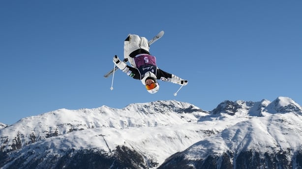 CORVIGLIA, SWITZERLAND - MARCH 19: Hinako Tomitaka of Japan warms up prior to during the Women's Moguls Final in the FIS Snowboard, Freestyle and Freeski World Championships 2025 on March 19, 2025 in Corviglia, St. Moritz, Switzerland. (Photo by David Ramos/Getty Images)