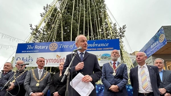 Taoiseach Micheál Martin speaks in front of the remembrance tree