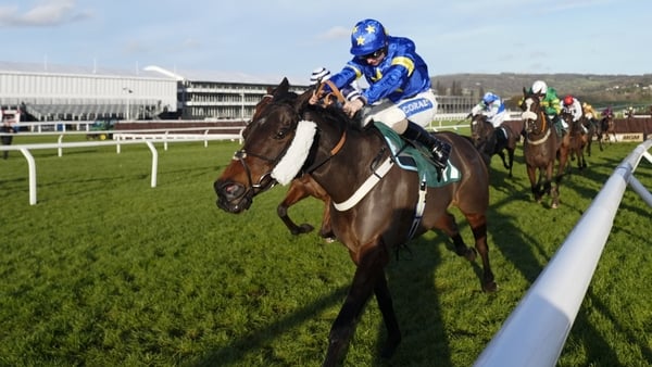 CHELTENHAM, ENGLAND - DECEMBER 13: Sean Bowen riding Glengouly (blue/yellow) clear the last to win The Support The Hunt Family Fund December Gold Cup Handicap Chase at Cheltenham Racecourse on December 13, 2025 in Cheltenham, England. (Photo by Alan Crowh