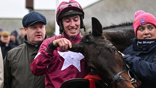 23 November 2024; Jockey Jack Kennedy with Brighterdaysahead, trainer Gordon Elliott and groom Sinead O'Brien after winning the Unibet Morgiana Hurdle on day one of the Punchestown Winter Festival at Punchestown Racecourse in Kildare. Photo by David Fitzg