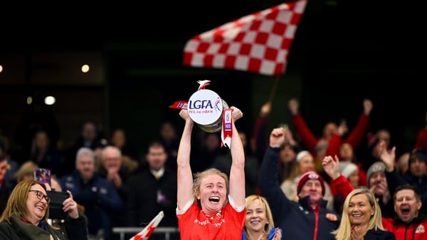 13 December 2025; Kilkerrin-Clonberne captain Louise Ward lifts the cup after the AIB All-Ireland Ladies Football Club Senior Club Championship final match between Kilkerrin-Clonberne of Galway and St Ergnat’s, Moneyglass of Antrim at Croke Park in Dublin