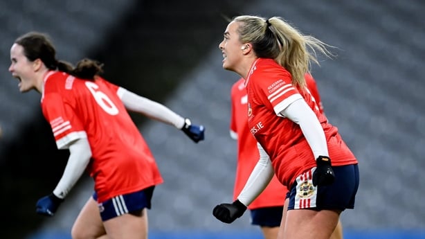 13 December 2025; Chloe Miskell of Kilkerrin-Clonberne celebrates a score during the AIB All-Ireland Ladies Football Club Senior Club Championship final match between Kilkerrin-Clonberne of Galway and St Ergnat's, Moneyglass of Antrim at Croke Park in Dublin. Photo by Shauna Clinton/Sportsfile 