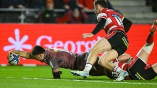 13 December 2025; Dan Kelly of Munster scores his side's first try during the Investec Champions Cup match between Munster and Gloucester at SuperValu Páirc Ui Chaoimh in Cork. Photo by Brendan Moran/Sportsfile
