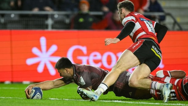 13 December 2025; Dan Kelly of Munster scores his side's first try during the Investec Champions Cup match between Munster and Gloucester at SuperValu Páirc Ui Chaoimh in Cork. Photo by Brendan Moran/Sportsfile