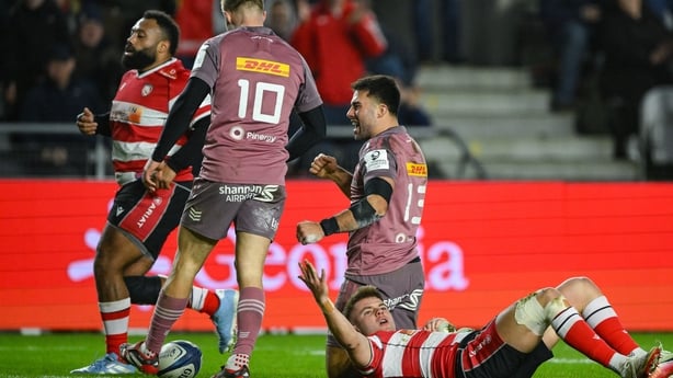 13 December 2025; Dan Kelly of Munster celebrates after scoring his side's first try during the Investec Champions Cup match between Munster and Gloucester at SuperValu Páirc Ui Chaoimh in Cork. Photo by Brendan Moran/Sportsfile