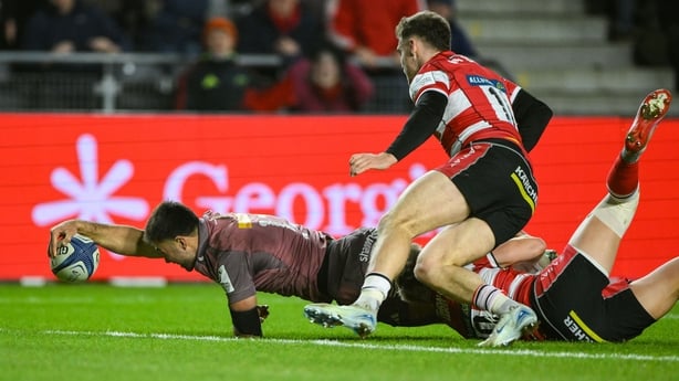 13 December 2025; Dan Kelly of Munster scores his side's first try during the Investec Champions Cup match between Munster and Gloucester at SuperValu Páirc Ui Chaoimh in Cork. Photo by Brendan Moran/Sportsfile