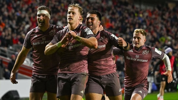 13 December 2025; Mike Haley of Munster celebrates with teammates, from left, Shane Daly Dan Kelly, Craig Casey and Tadhg Beirne after scoring their side's second try during the Investec Champions Cup match between Munster and Gloucester at SuperValu Páir