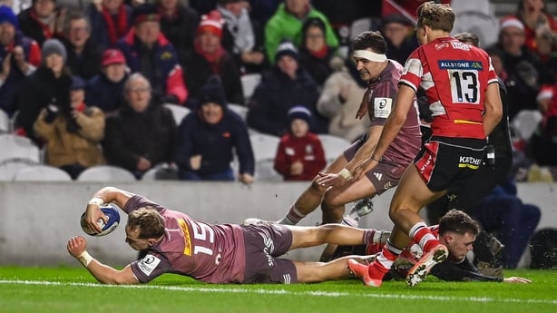 13 December 2025; Mike Haley of Munster scores his side's second try during the Investec Champions Cup match between Munster and Gloucester at SuperValu Páirc Ui Chaoimh in Cork. Photo by David Fitzgerald/Sportsfile