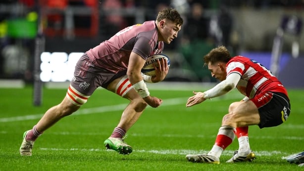 13 December 2025; Ruadhán Quinn of Munster in action against Josh Hathaway of Gloucester during the Investec Champions Cup match between Munster and Gloucester at SuperValu Páirc Ui Chaoimh in Cork. Photo by Brendan Moran/Sportsfile