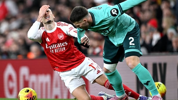 LONDON, ENGLAND - DECEMBER 13: Gabriel Martinelli of Arsenal reacts after is challenged by Matt Doherty of Wolverhampton Wanderers during the Premier League match between Arsenal and Wolverhampton Wanderers at Emirates Stadium on December 13, 2025 in London, England. (Photo by David Price/Arsenal FC