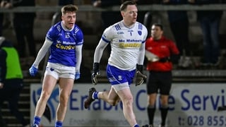 13 December 2025; Scotstown goalkeeper Rory Beggan celebrates with teammate Max Maguire, left, after kicking a free during the AIB Ulster GAA Football Senior Club Championship final match between Kilcoo and Scotstown at BOX-IT Athletic Grounds in Armagh.