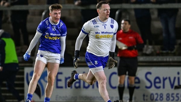13 December 2025; Scotstown goalkeeper Rory Beggan celebrates with teammate Max Maguire, left, after kicking a free during the AIB Ulster GAA Football Senior Club Championship final match between Kilcoo and Scotstown at BOX-IT Athletic Grounds in Armagh.