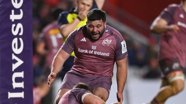 13 December 2025; Conor Bartley of Munster runs in to celebrate with Tom Farrell of Munster after their fourth try during the Investec Champions Cup match between Munster and Gloucester at SuperValu Páirc Ui Chaoimh in Cork. Photo by David Fitzgerald/Sportsfile