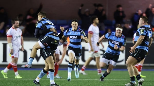 CARDIFF, WALES - DECEMBER 13: Callum Sheedy of Cardiff Rugby kicks a penalty to win the game for Cardiff 29-26 as he is surrounded by players during the EPCR Challenge Cup match between Cardiff Rugby and Ulster Rugby at Cardiff Arms Park on December 13, 2