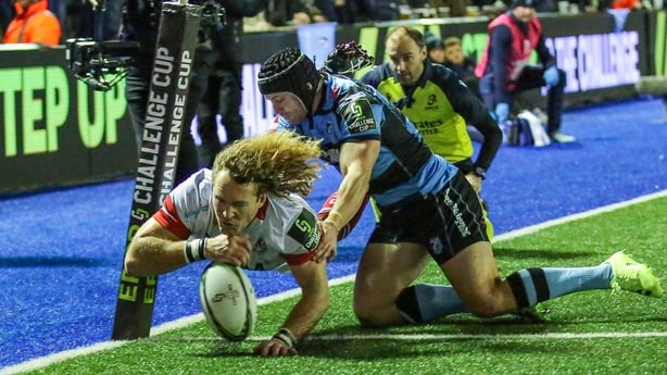 13 December 2025; Werner Kok of Ulster runs in to score a try during the EPCR Challenge Cup match between Cardiff and Ulster at Cardiff Arms Park in Cardiff, Wales. Photo by Darren Griffiths/Sportsfile
