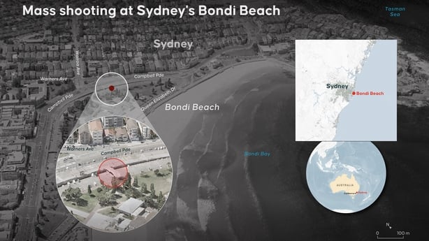 An infographic depicts the location of the shooting on Bondi Beach