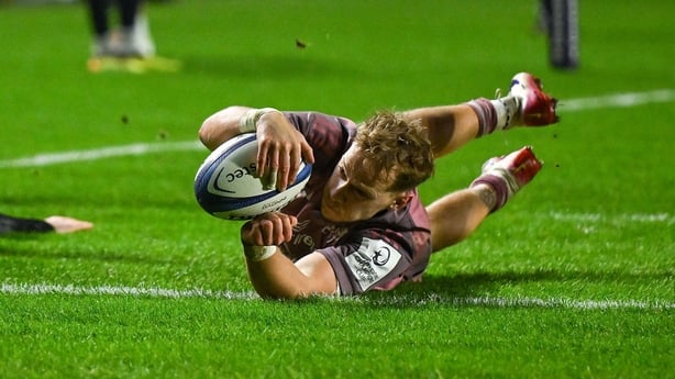 13 December 2025; Mike Haley of Munster scores his side's second try during the Investec Champions Cup match between Munster and Gloucester at SuperValu Páirc Ui Chaoimh in Cork. Photo by Brendan Moran/Sportsfile