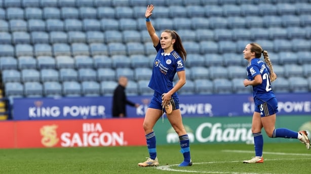 LEICESTER, ENGLAND - DECEMBER 14: Shannon O'Brien of Leicester City Women celebrates after scoring to make it 1-0 during the Barclays Women's Super League match between Leicester City Women and London City Lionesses at King Power Stadium on December 14, 2025 in Leicester, United Kingdom. (Photo by P