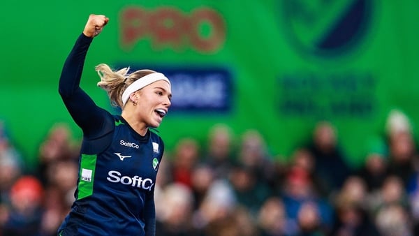 14 December 2025; Caoimhe Perdue of Ireland celebrates after scoring her side's first goal during the FIH Women's Hockey Pro League match between Ireland and England at the Sport Ireland Campus in Dublin. Photo by Thomas Flinkow/Sportsfile