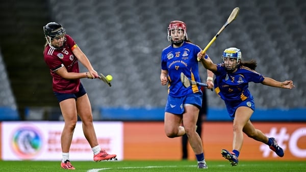 14 December 2025; Kayla Madden of Athenry scores her side's equalising point in added-time of the second half during the AIB All-Ireland Camogie Senior Club Championship final match between Athenry of Galway and St Finbarr's of Cork at Croke Park in Dubli