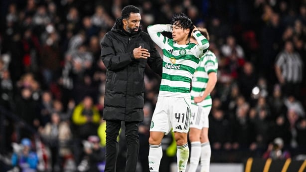GLASGOW, SCOTLAND - DECEMBER 14: Celtic's Reo Hatate (R) and Manager Wilfried Nancy look dejected at full time during a Premier Sports Cup Final match between St Mirren and Celtic at Barclays Hampden, on December 14, 2025, in Glasgow, Scotland. (Photo by Paul Devlin/SNS Group via Getty Images)