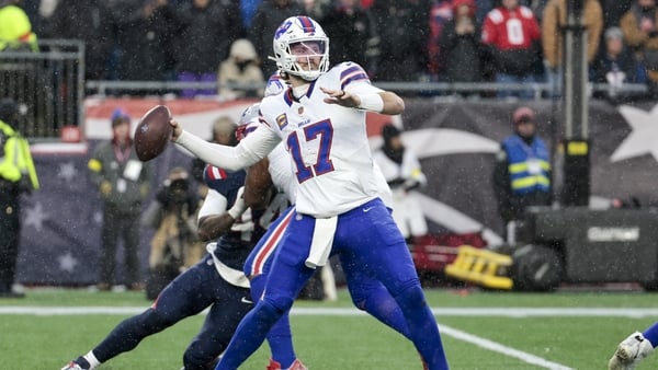 FOXBOROUGH, MA - DECEMBER 14: Josh Allen #17 of the Buffalo Bills rears back to throw during a game between the New England Patriots and the Buffalo Bills on December 14, 2025, at Gillette Stadium in Foxborough, Massachusetts. (Photo by Fred Kfoury III/Ic