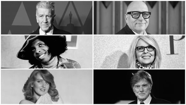 Celebrities who died in 2025, clockwise from top left: David Lynch, Hugh Wallace, Diane Keaton, Robert Redford, Linda Nolan and Sly Stone