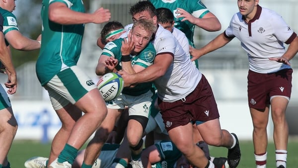 Clark Logan of Ireland participates in the Under 20 Rugby World Cup match between Ireland and Georgia in Calvisano, Italy, on June 29, 2025.
