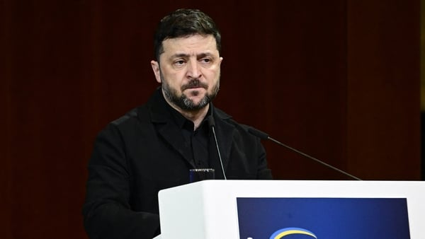 Ukraine's President Volodymyr Zelensky delivers a speech during the 8th German-Ukrainian Economic Forum in Berlin, Germany