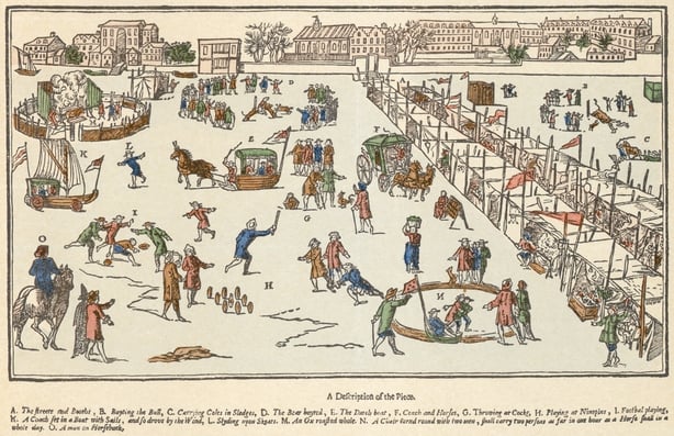 Frost fair on the River Thames, London, 1683. A true description of the blanket fair upon the River Thames in the time of the Great Frost in the year of our Lord 1683.From the Mayson Beeton Collection. Artist Unknown. (Photo by English Heritage/Heritage Images/Getty Images)