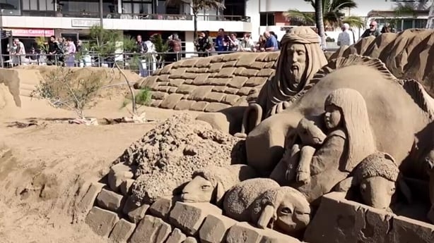 A nativity sand sculpture is on display in Spain