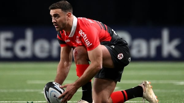 Toulouse's French full back Melvyn Jaminet prepares to kick the ball during the French Top 14 rugby union match between Racing 92 and Stade Toulousain Rugby at the Paris La défense Arena Stadium in Nanterre, near Paris on March 5, 2023. (Photo by FRANCK F