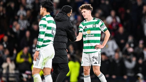 Celtic's Johnny Kenny shakes hands with manager Wilfried Nancy after full-time in the shock Premier Sports Cup Final defeat to St Mirren