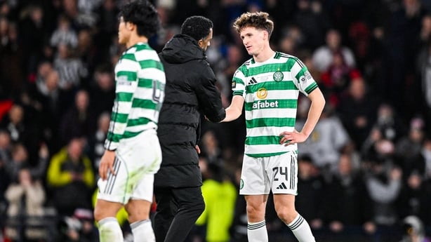 Celtic's Johnny Kenny shakes hands with manager Wilfried Nancy after full-time in the shock Premier Sports Cup Final defeat to St Mirren