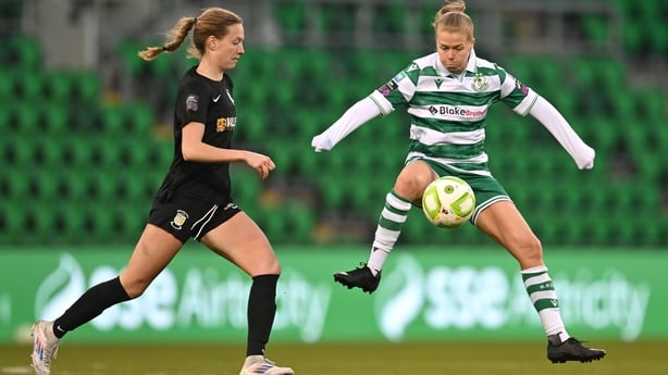 Dublin , Ireland - 15 March 2025; Ruesha Littlejohn of Shamrock Rovers in action against Katherine Sullivan of Athlone Town during the SSE Airtricity Women's Premier Division match between Shamrock Rovers and Athlone Town at Tallaght Stadium in Dublin. (Photo By Stephen Marken/Sportsfile via Getty I