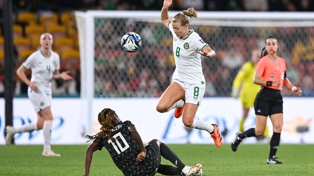 Queensland , Australia - 31 July 2023; Ruesha Littlejohn of Republic of Ireland is tackled by Christy Ucheibe of Nigeria during the FIFA Women's World Cup 2023 Group B match between Republic of Ireland and Nigeria at Brisbane Stadium in Brisbane, Australia. (Photo By Stephen McCarthy/Sportsfile via 