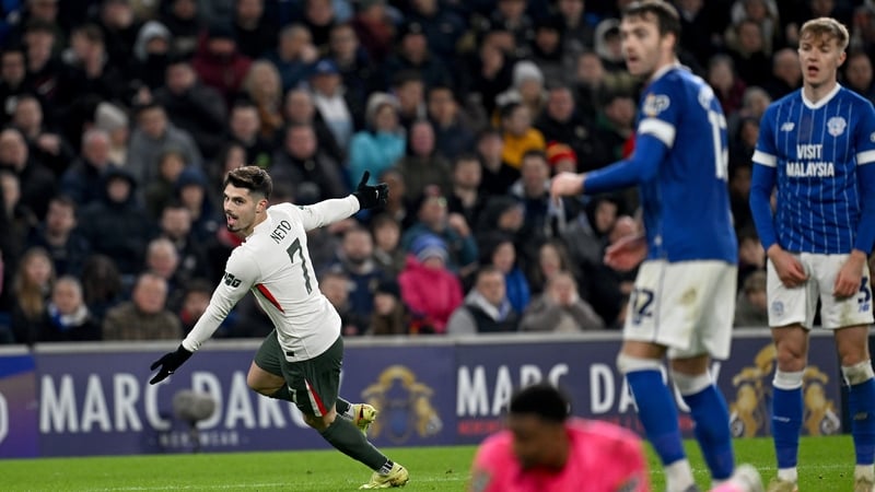 Pedro Neto scores Chelsea's second goal against Cardiff City