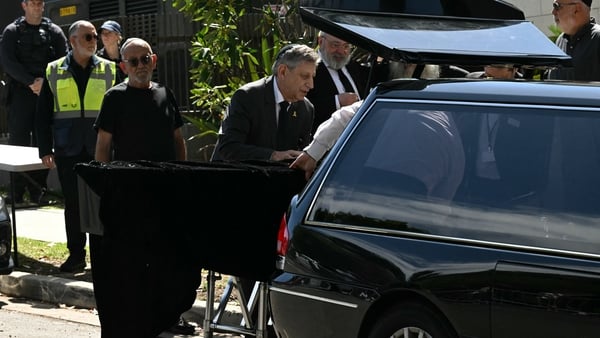 The coffin of rabbi Eli Schlanger, who was killed in the December 14 Bondi beach attack, is seen at his funeral at the Chabad of Bondi in Sydney