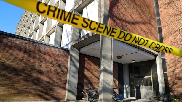 Crime scene tape outside of the Barus and Holley building on the campus of Brown University 
