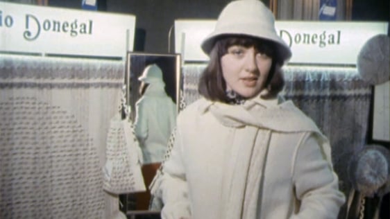 A woman models Studio Donegal clothing at the Irish Gifts Fair in Galway, 1981.