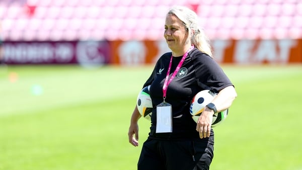 15 July 2024; Republic of Ireland assistant coach Lizzy Kent before the UEFA Women's Under-19 European Championships Group B match between Spain and Republic of Ireland at Futbolo stadionas Marijampolėje in Marijampole, Lithuania. Photo by Saulius Čirba/S