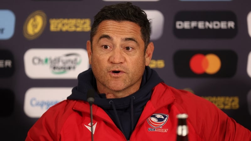 SUNDERLAND, ENGLAND - AUGUST 22: Sione Fukofuka, Head Coach of the USA, speaks to the media in a post match press conference following the team's defeat in the Women's Rugby World Cup 2025 Pool A match between England and USA at the Stadium of Light on Au